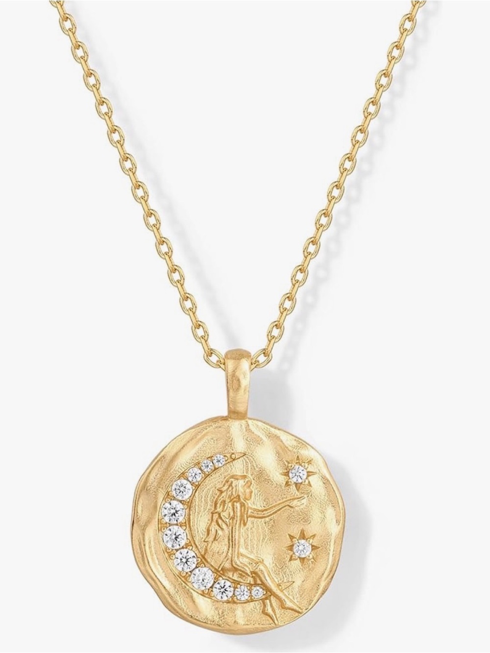 NEW 14K Gold Plated Engraved Moon Hammered Oval Coin Pendant Necklace
